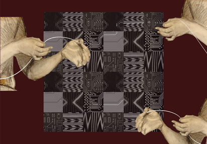 A collage that merges circuit board patterns with textile motifs in a grid-like background of alternating black, grey, and white. Two hand-drawn arms are on each side of the image, positioned as if gently pulling on thin, white strings that cross the image diagonally. The hands appear soft and somewhat translucent, contrasting with the rigid lines of the circuit board patterns behind them. The strings are woven through both the hands and the background, symbolising the connection between traditional weaving and modern technology. The overall colour palette features muted earth tones, including browns, beiges, and grays, creating a sense of both history and continuity between the natural and technological worlds.